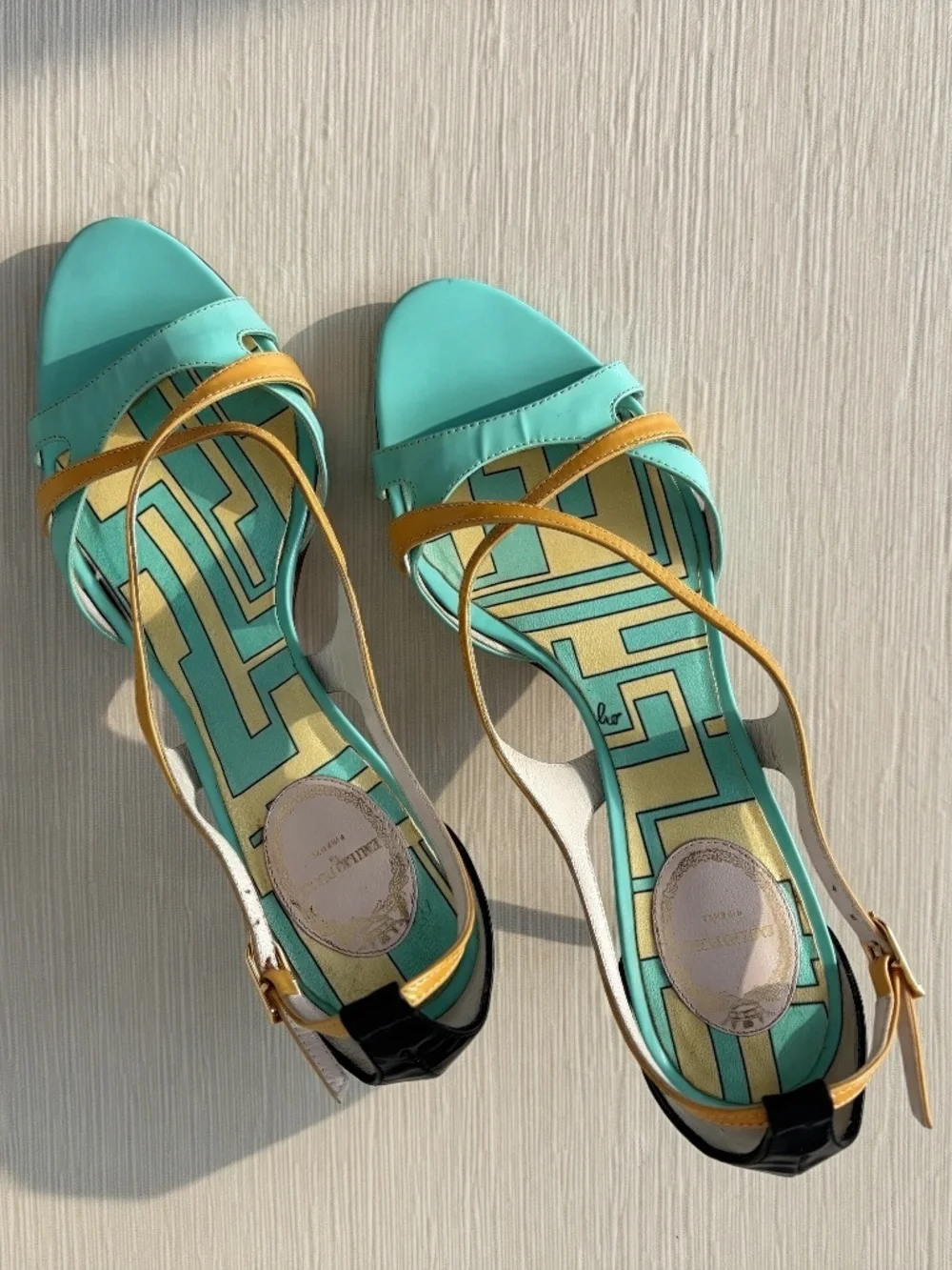 Emilio Pucci Archive Turquoise Gold Leather Sandals EU 36.5 Italy Y2K